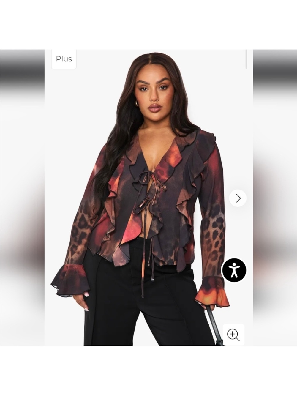 Tie-Front Ruffle Blouse in Rust/Black - Plus Size